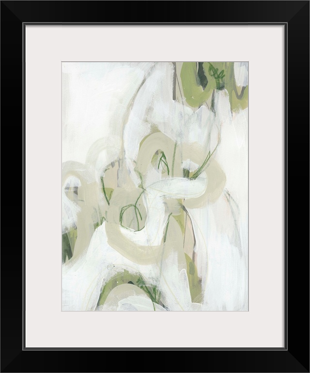 This abstract artwork features expressive brush strokes in khaki, green and white to create dramatic gestural shapes.