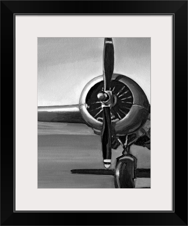 Vertical, oversized artwork of a wing, propeller and wheel on a vintage airplane, casting a shadow on the ground.