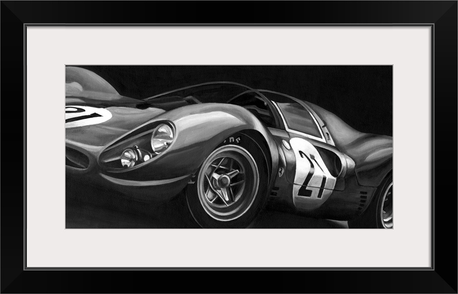 Landscape, large vintage art in black and white of the side view of a rounded race car with the number twenty one.