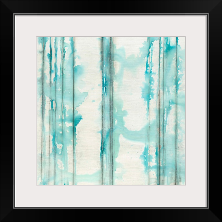 Square abstractly painted canvas of vertical lines with splattered watercolor paint on top.