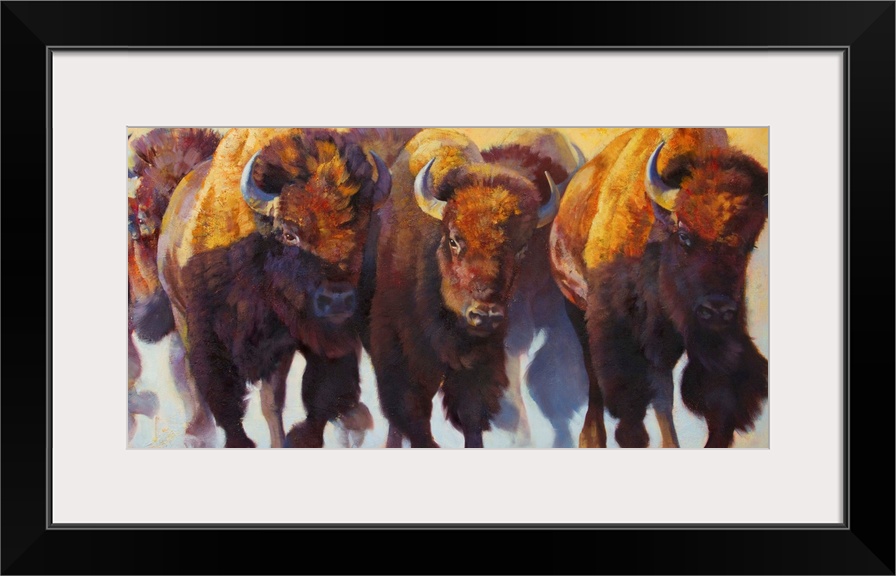 Painting on canvas of bison and buffalos running in a pack.