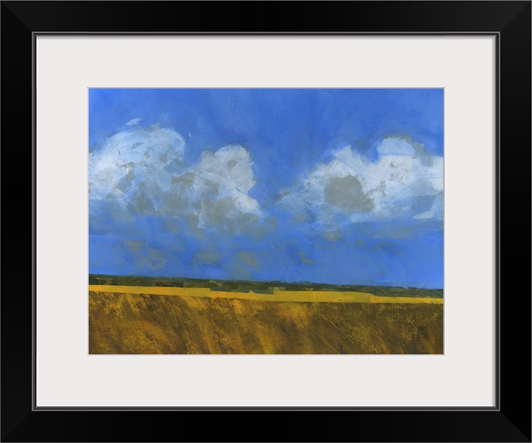 Contemporary painting of an open landscape with a large blue sky with several clouds.