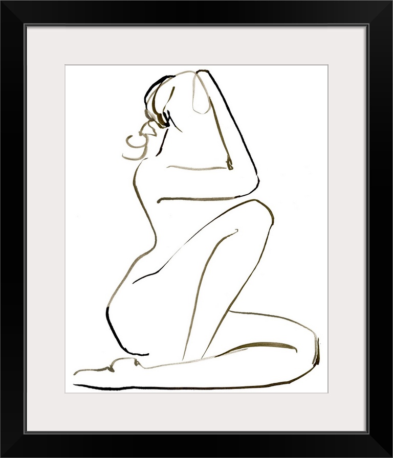 Abstracted nude seated figure on a white background.