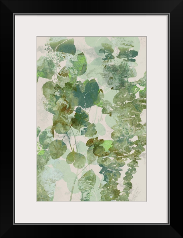 Watercolor painting of green eucalyptus leaves.