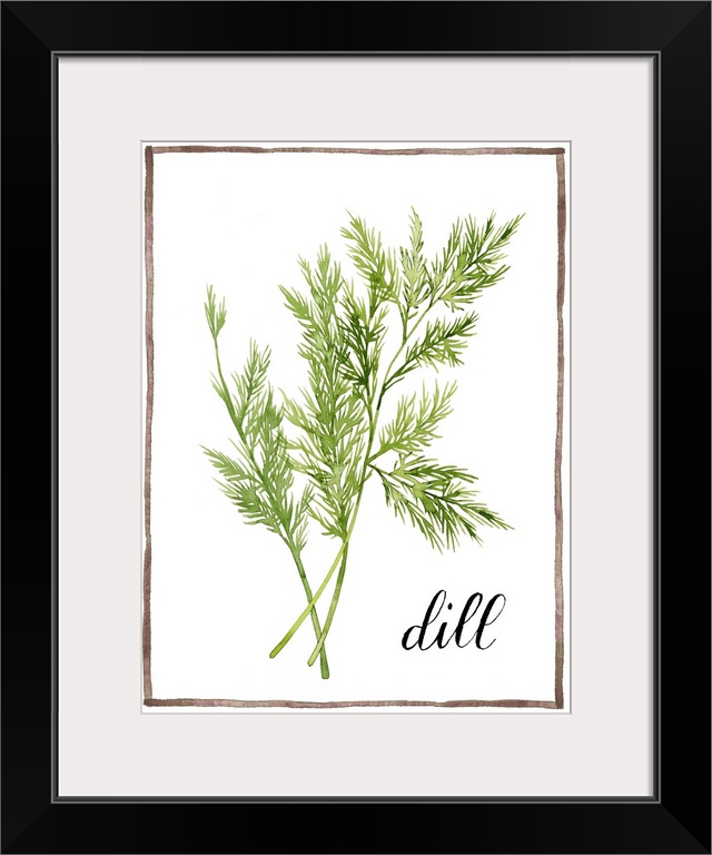 Watercolor painting with springs of dill on a white background with a brown boarder and the word "dill" written in black s...