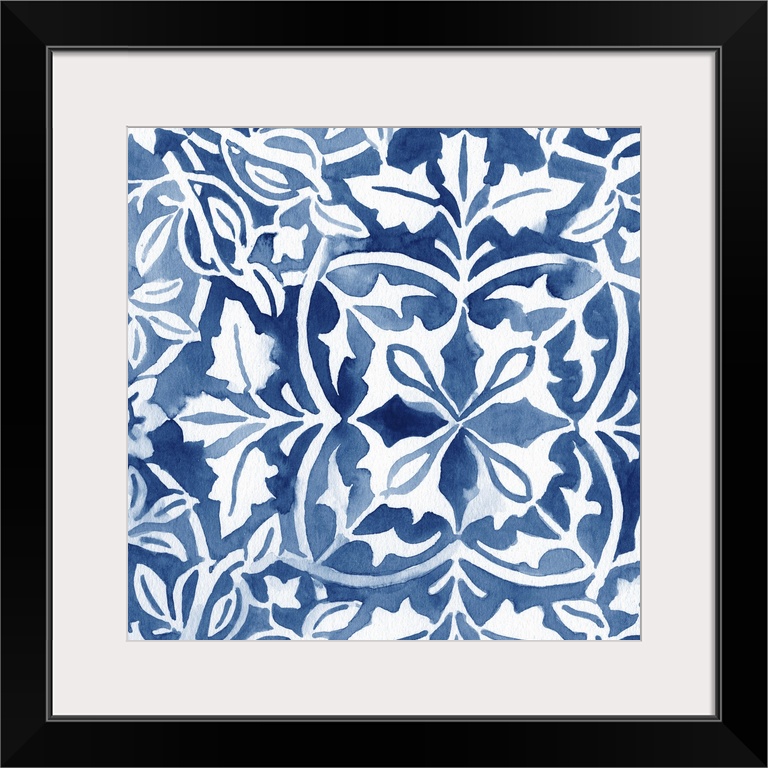 Elaborate indigo blue patterns in watercolor.