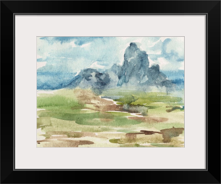 Contemporary watercolor landscape of a field and a mountain in the distance.