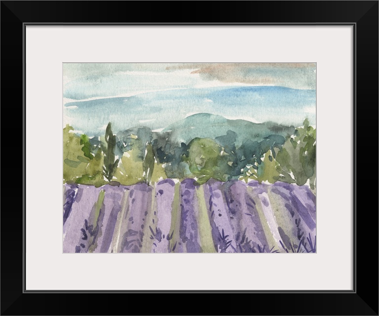 Contemporary watercolor landscape of a field of purple wildflowers.