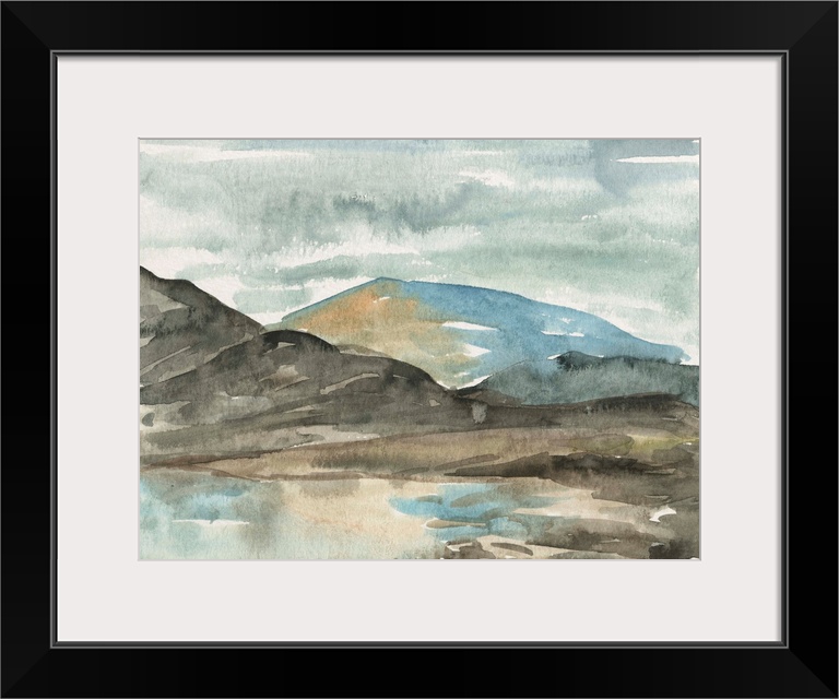 Contemporary watercolor landscape of a mountainous landscape.