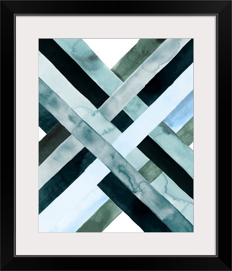 Abstract watercolor artwork of woven bands in black and blue shades, forming an X shape.