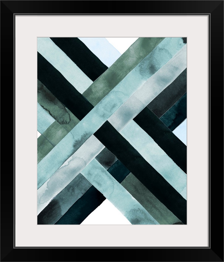 Abstract watercolor artwork of woven bands in black and blue shades, forming an X shape.