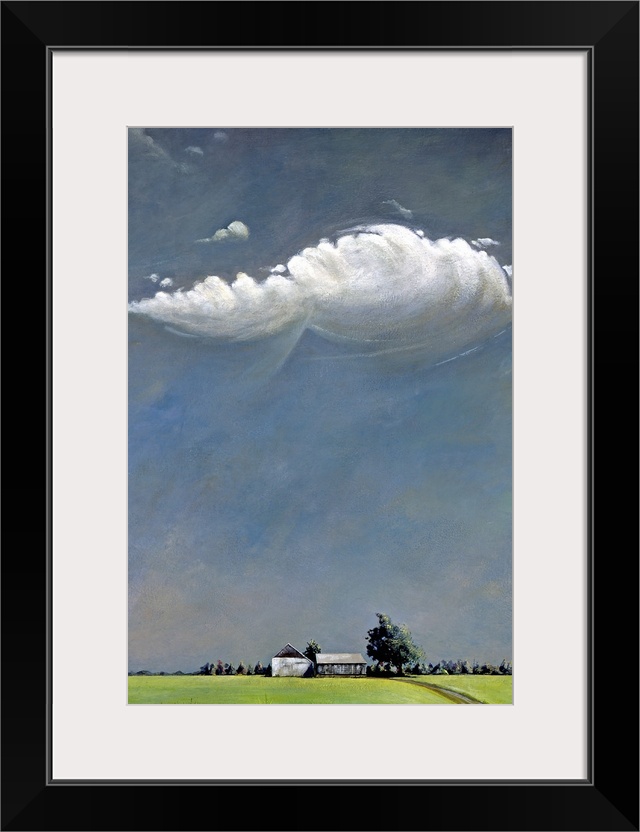 Painting of a farm surround by a field with a large open sky and a single white cloud.