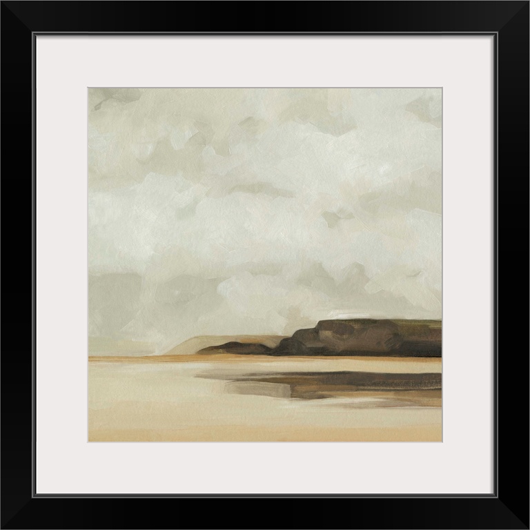 A simple, dreamy landscape featuring thick clouds over a headland bluff, in shades of warm browns and greys.