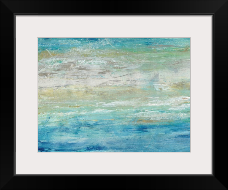 This abstract artwork expresses the turmoil of waves on the ocean by using a ranges of blues and tans in energetic brush s...