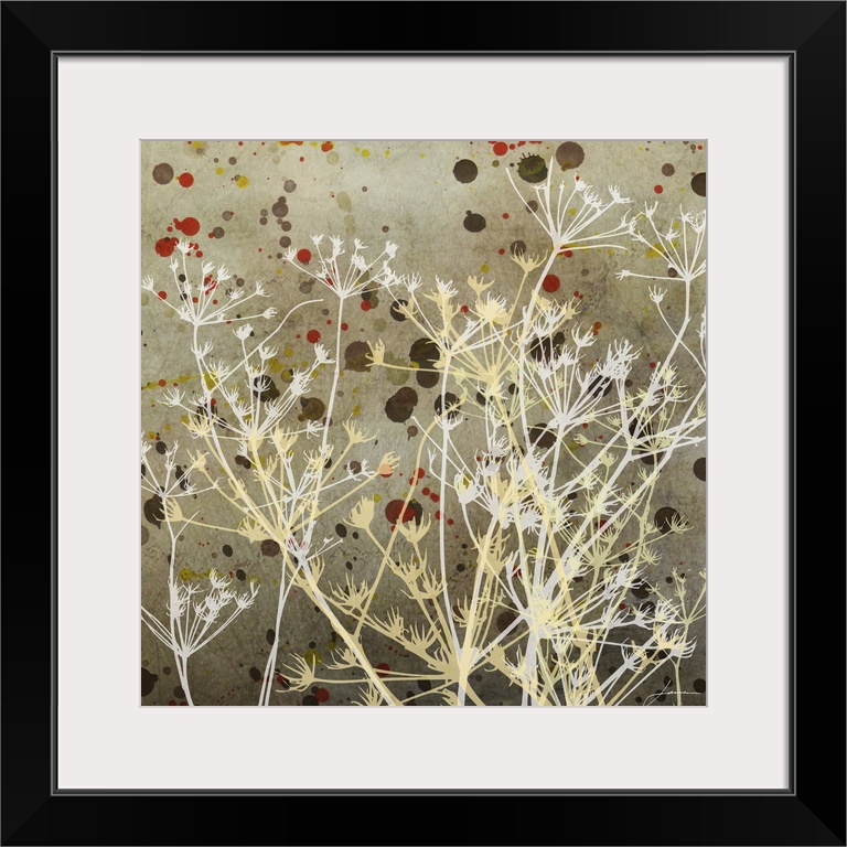 Contemporary painting of a cluster of white silhouetted meadow weeds against a washed brown dingy background.