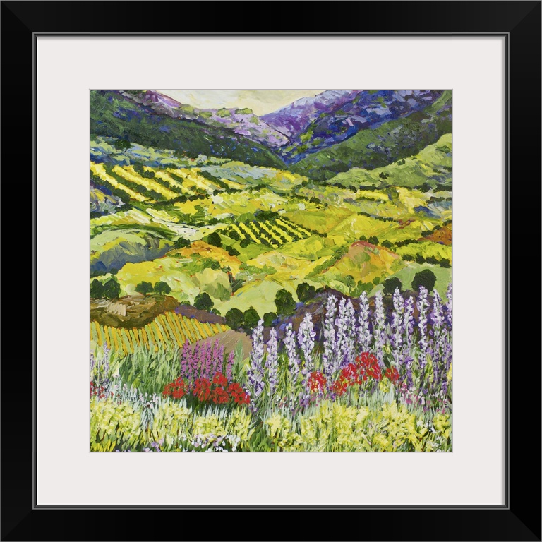 Contemporary painting of a country landscape with wildflowers in the foreground and farmland in the valley.