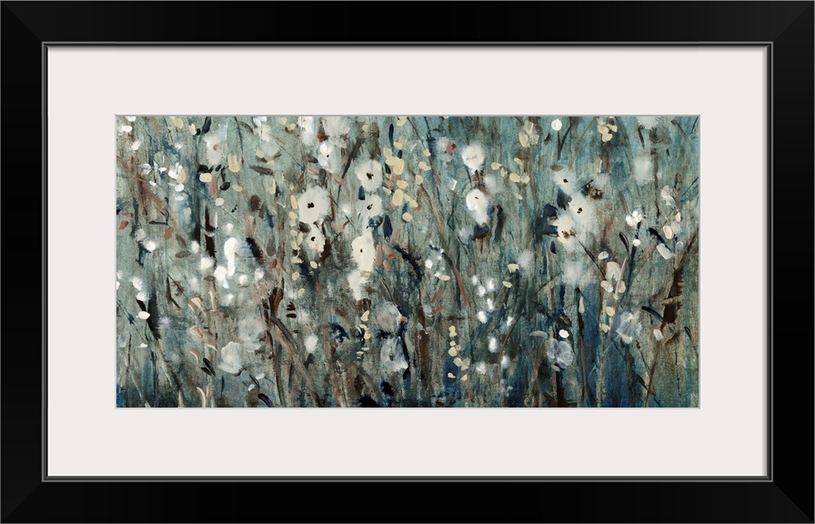 Contemporary painting of several flowers in a field, in blue and grey tones.