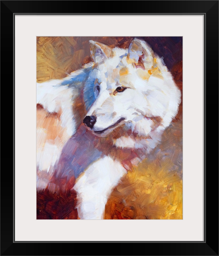 Contemporary painting of a white wolf looking back at something against a golden background.
