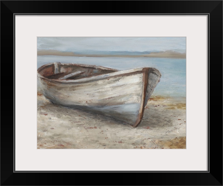 A tranquil, coastal scene of an old wooden rowboat pulled up onto the sand. It features neutral tones and a peaceful compo...