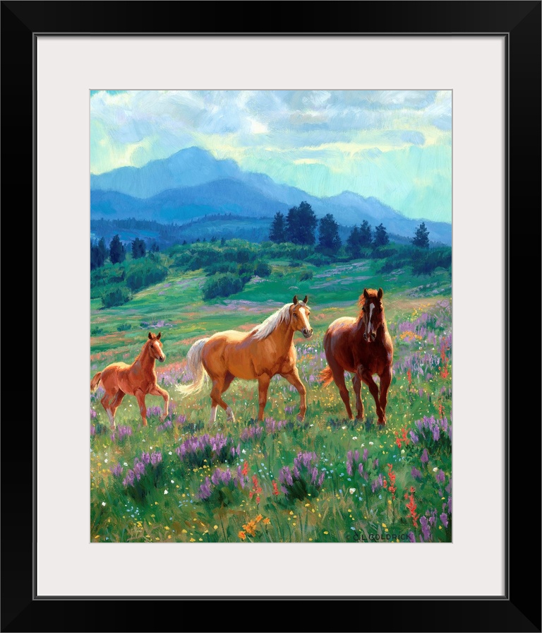 Contemporary colorful painting of a herd of horses running through a meadow, with a mountain range in the background.