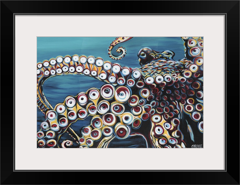 Contemporary painting of an octopus up close, highlighting its circular suctioned tentacles.