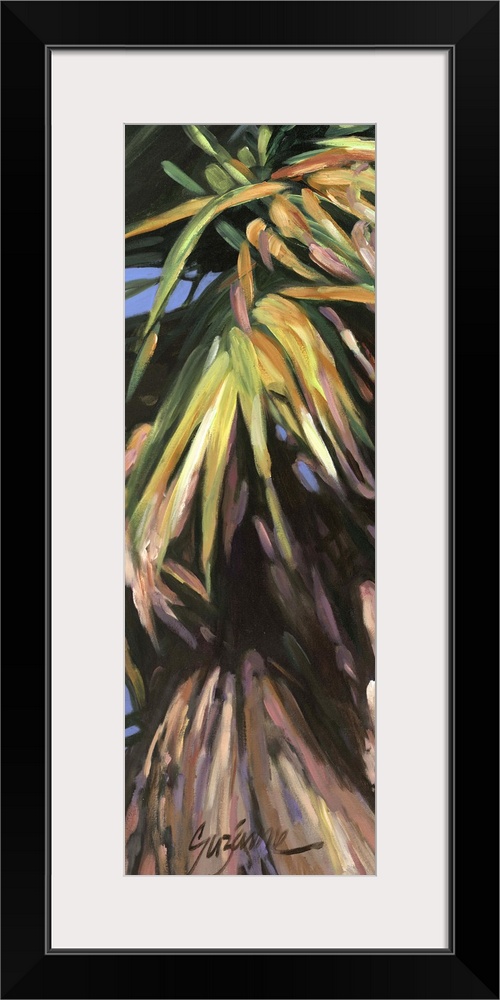 Contemporary colorful painting of a tropical palm frond.