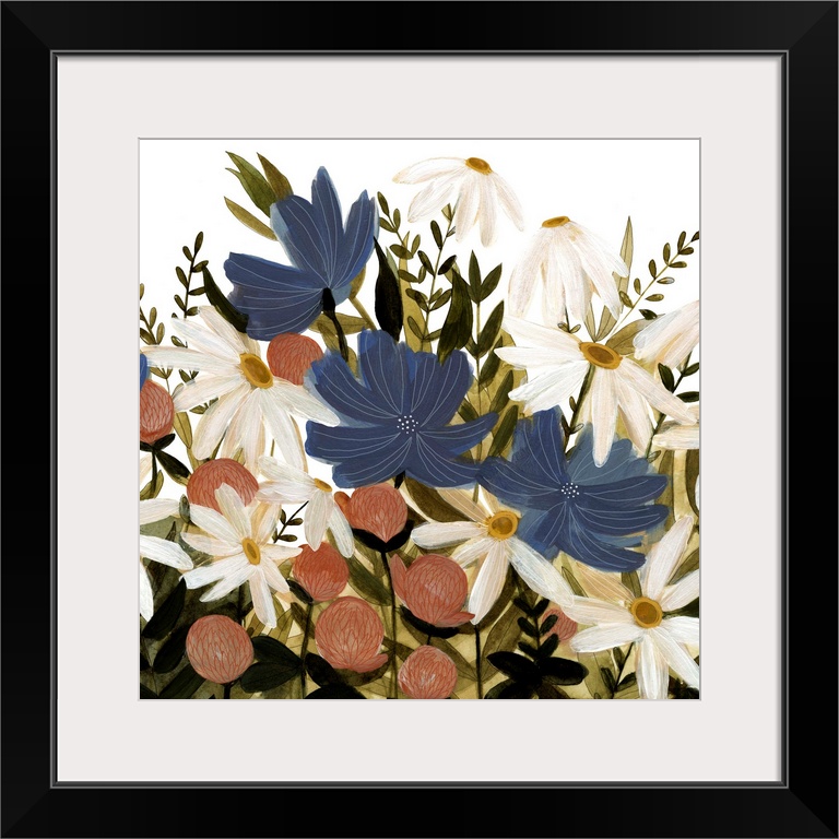 A beautiful painting of a group of wild flowers in a garden.