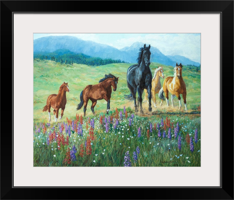 Contemporary colorful painting of a herd of horses running through a meadow, with a mountain range in the background.