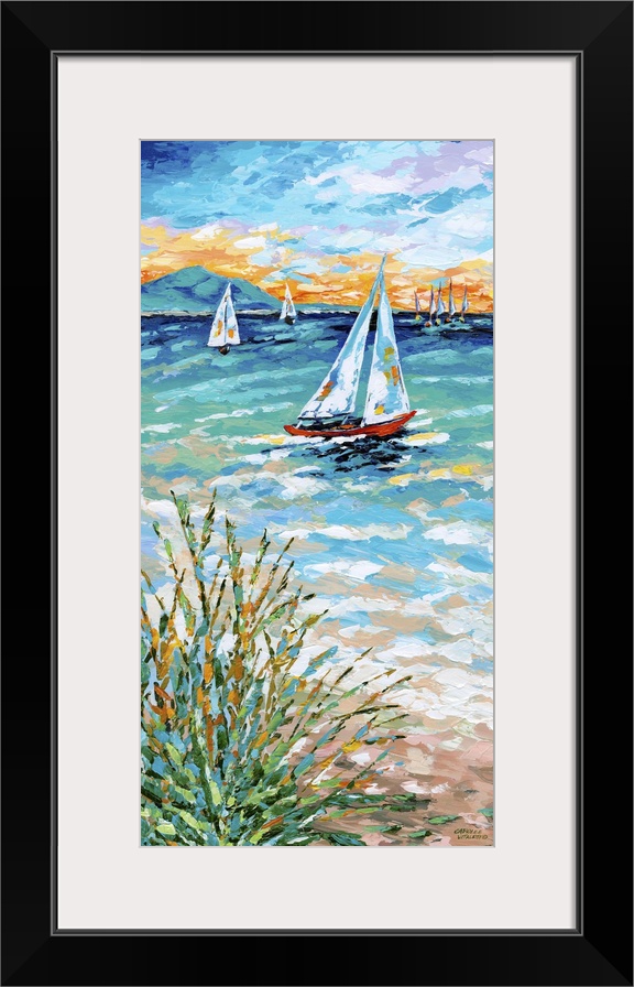 Contemporary ocean scene with three sailboats on the sea and beach grass on the shore.