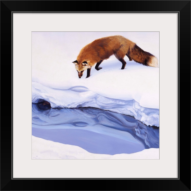 Contemporary artwork of a red fox looking at a creek in thick snow.