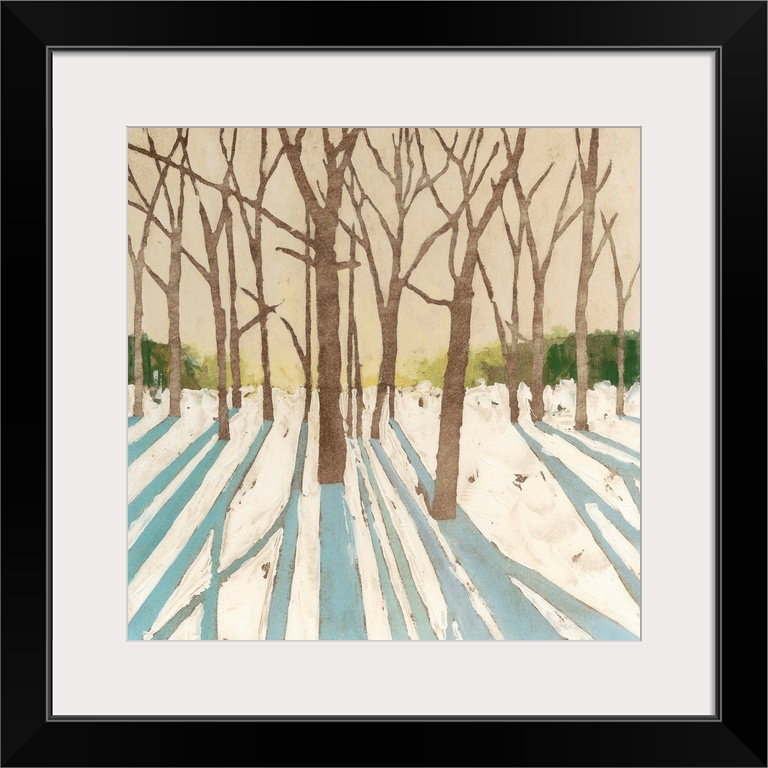 Contemporary painting of a winter snowscape with the shadows of the trees in the foreground.