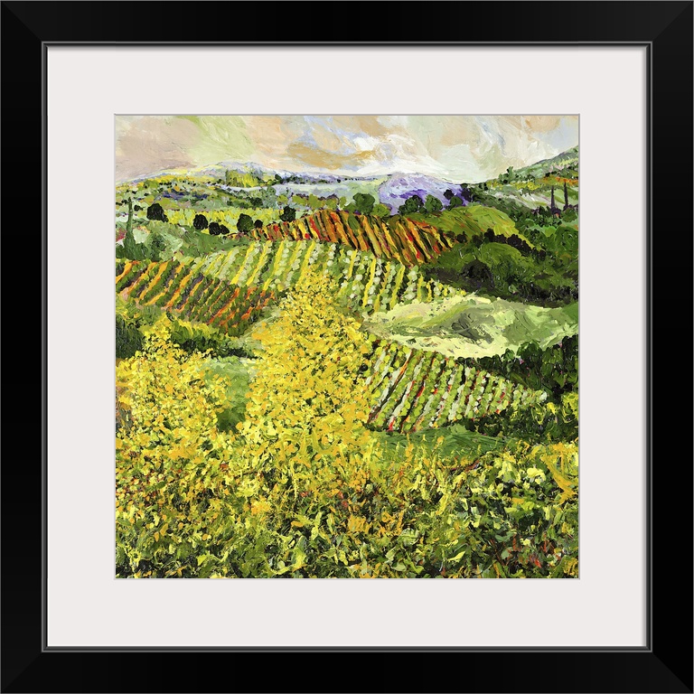 Contemporary painting of a country landscape with two yellow trees looking over crops growing in rows.