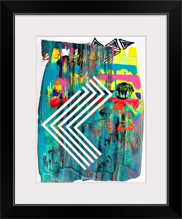 Abstract expressionist painting with geometric color and lines invading the space in contrast with different elements: lig...