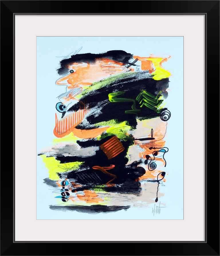 Abstract expression painting in which strokes and shapes invade the neutral space in contrast with different elements: lig...