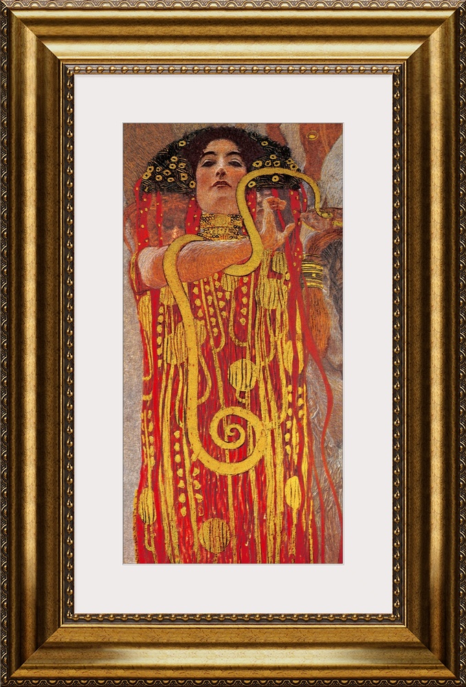 Painting of Hygieia, the goddess/personification of health, cleanliness and hygiene, in a dress of vibrant colors of red a...