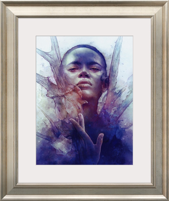 A contemporary painting of a portrait of a woman surrounded by dark blue splashes of color and deer antlers.