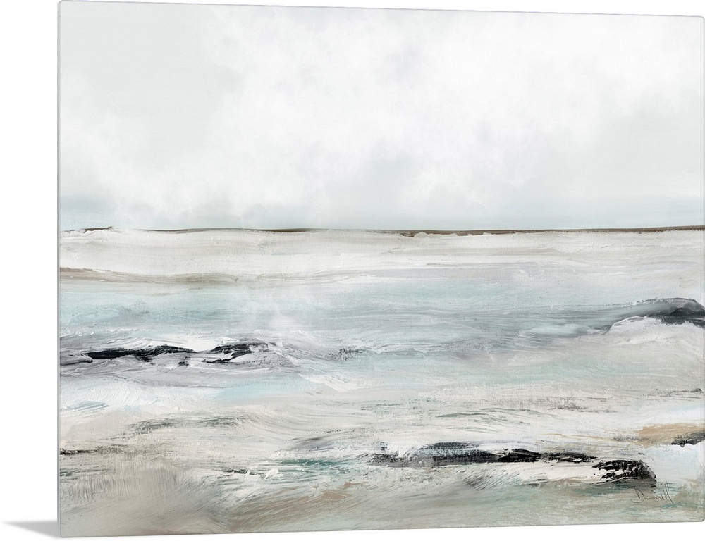 A contemporary abstract seascape with waves washing over dark rocks under a grey sky. Perfect for a beach theme or any coo...