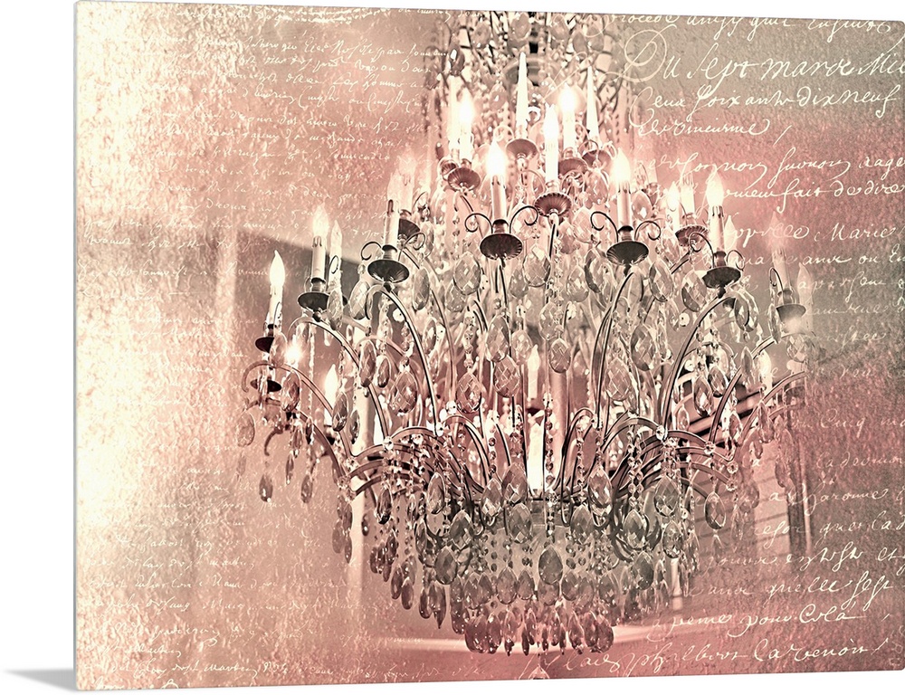 A chandelier on a pink toned background with white handwritten text
