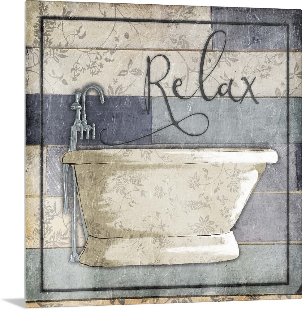 A painting of a bathtub on a multi-color blue wooden panel background with a floral design and the word ?Relax? at the top.