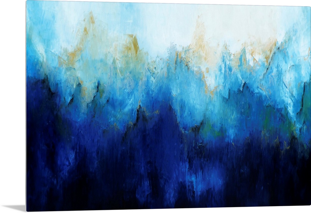 Contemporary abstract painting in shades of blue ranging from pale blue to deep navy.