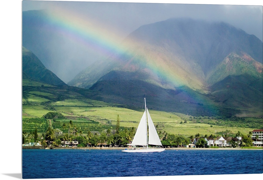 Hawaii, Maui, Lahaina, Rainbow In Front Of West Mauis Mountain Range