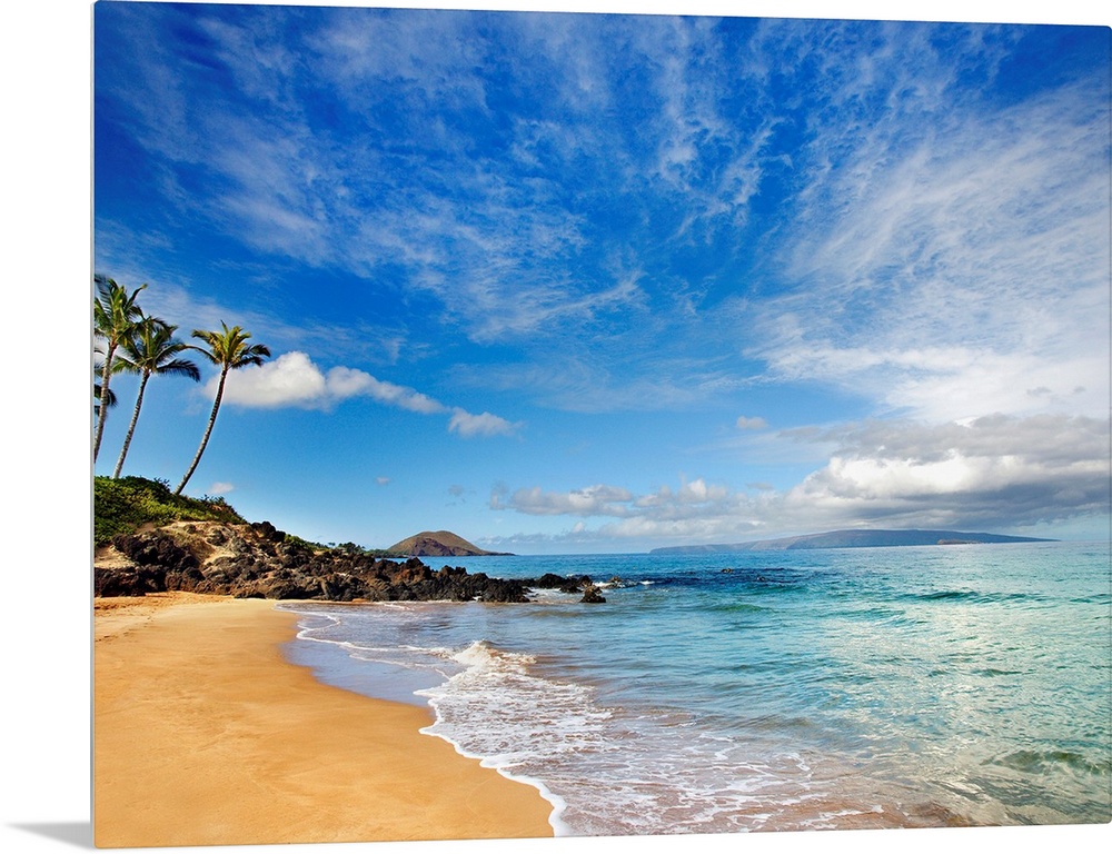 Tropical beach with small, calm waves under a partly cloudy sky, with a few palm trees in the distance.