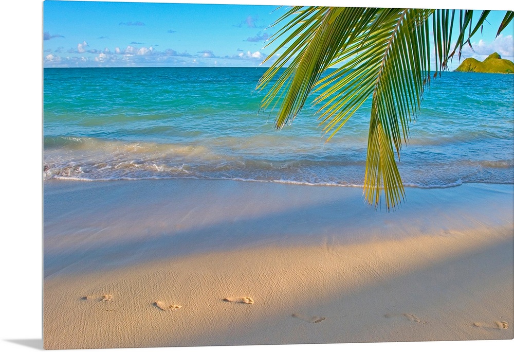 Panoramic photograph of shoreline with footprints in the sand.  There is a grass covered mountain in the distance and a pa...