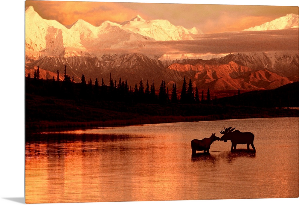 Landscape photograph of a North American lake and mountains at sunset.