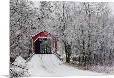 Red Covered Bridge In The Winter; Adamsville Quebec Canada