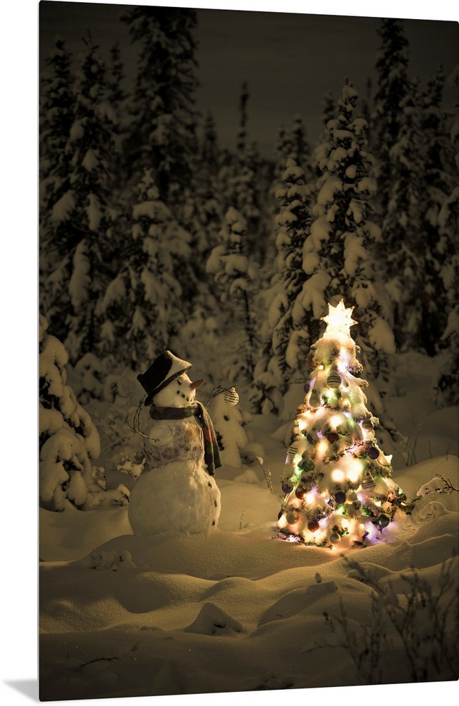 Snowman In Snowcovered Spruce Forest Next To Christmas Tree