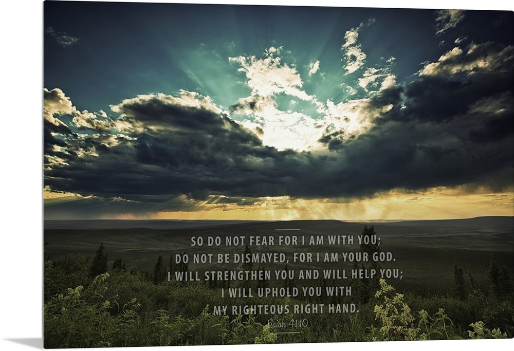 Image Of A Sunset Shining Through Dark Clouds Over A Green Landscape And Scripture From Isaiah 41:10