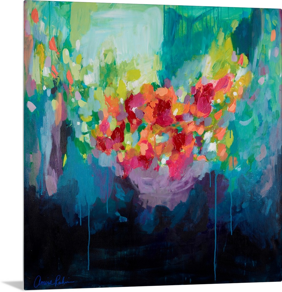 Contemporary mixed media painting in bright red and orange over deep blue and turquoise.