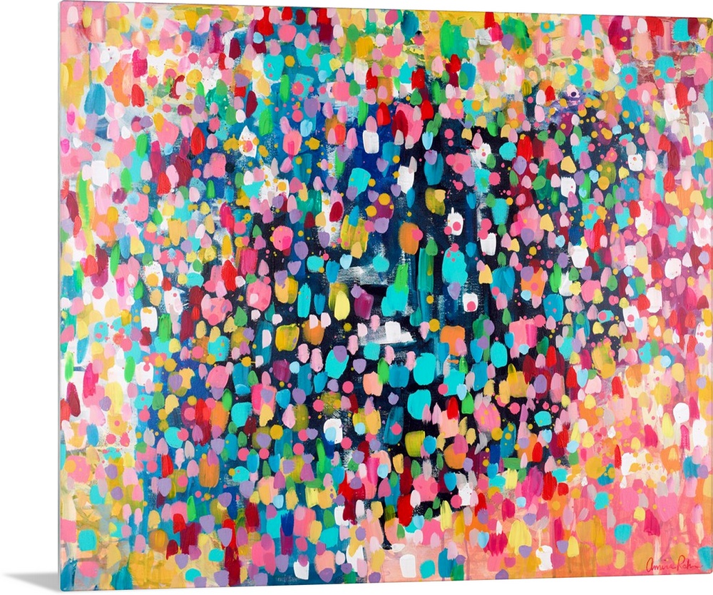 Contemporary abstract painting of vivid multicolored spots, resembling confetti.