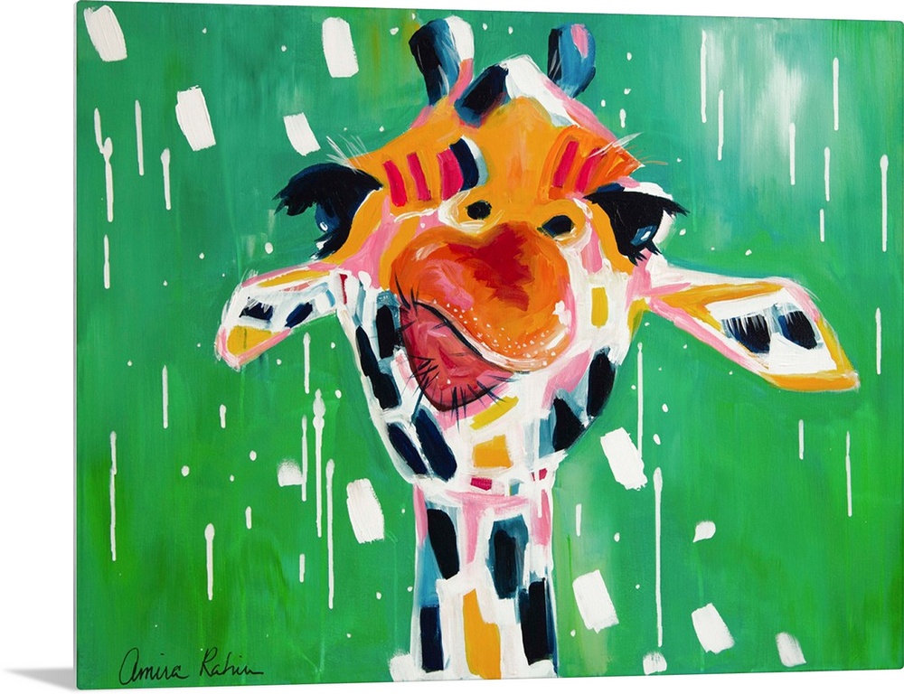 Portrait of a giraffe against a bright green background.